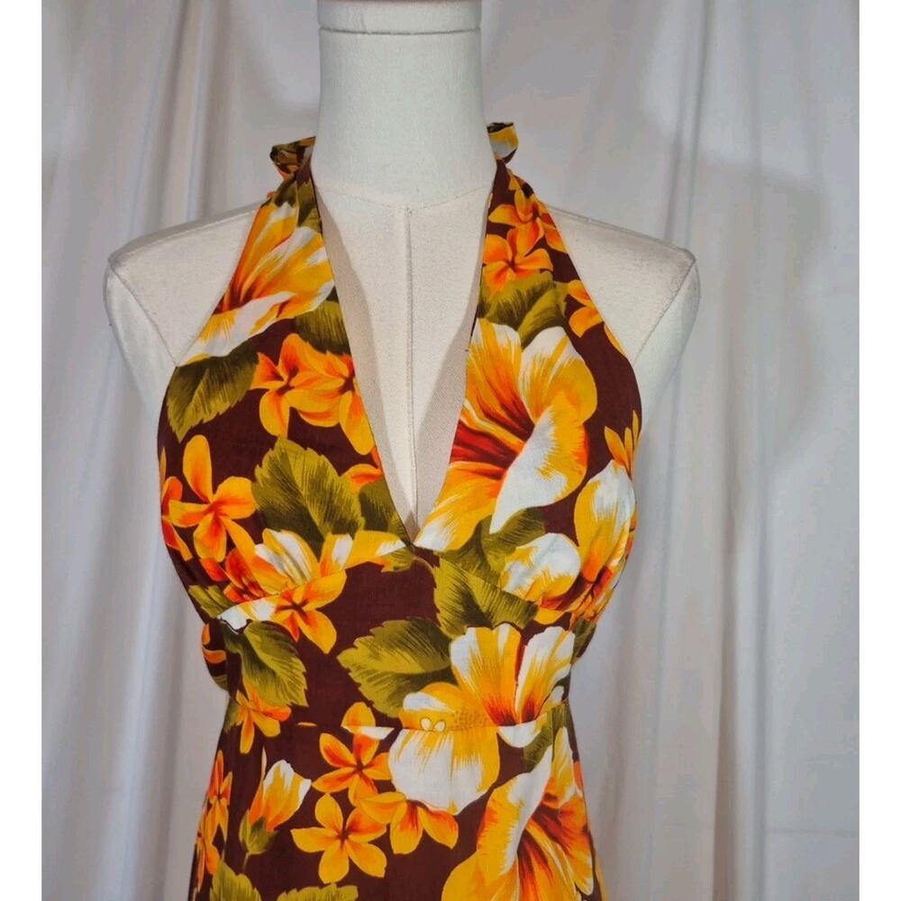 Vintage Hawaiian Cotton Orange Retro Green Floral Halter Maxi Dress US 8 10 - Picture 3 of 12
